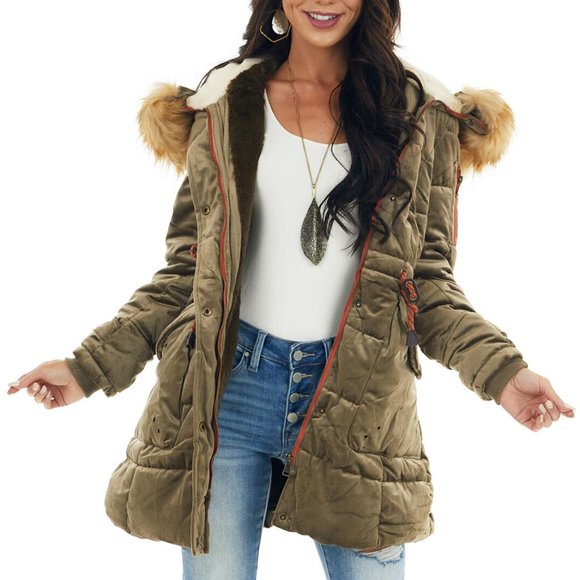 NEW Olive Green Velvet Faux Fur Hooded Soft Fur Lined Long Puffer Coat Jacket - Picture 6 of 10